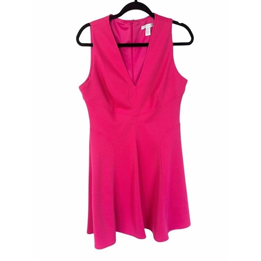 London Times Pink V-Neck Fit & Flare Dress Size 12 Textured Office Church Casual